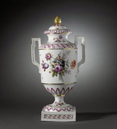 Covered vase with birds on a branch and bouquets