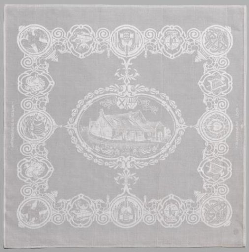 Napkin with a scene of a farm and two coats of arms