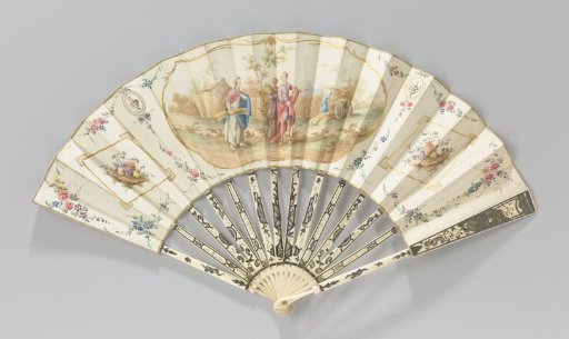 Folding fan with a depiction of the meeting between Ruth and Boaz during the harvest