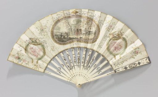 Folding fan with three medallions depicting a scene at an inn, flanked by putti with birds