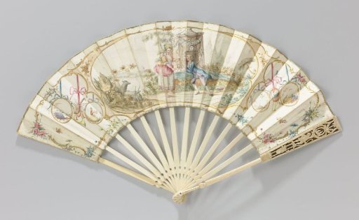 Folding fan with a pastoral scene, flanked by oval medallions and musical instruments on ribbon bows