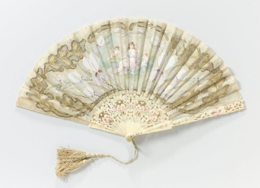 Folding fan with a representation of a nymph and two putti in a border of irises