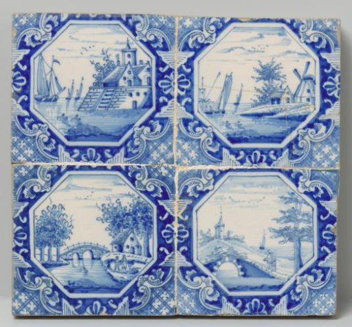 Field of four tiles with a representation of a water landscape