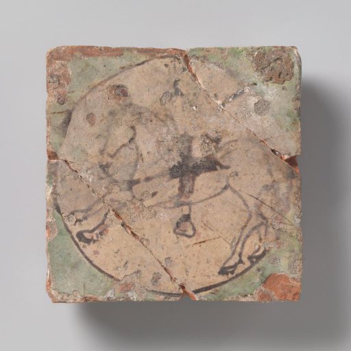 Floor tile, painted with a representation of a rider on horseback