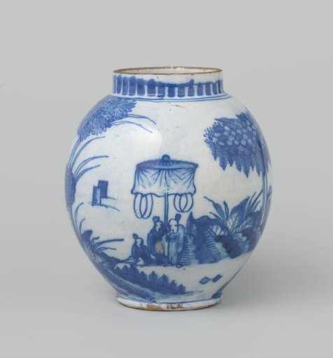 Pot with a depiction of Chinese figures in a landscape