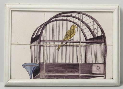 Tile tableau, painted with a representation of a birdcage