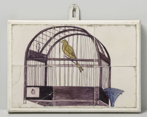 Tile tableau, painted with a representation of a birdcage