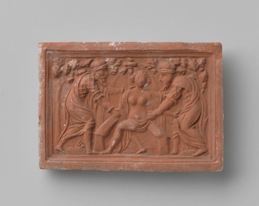 Fireplace surround with a depiction of the bathing Susanna, approached by the two elders