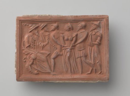Fireplace surround depicting Susanna being led before the judges by the two elders