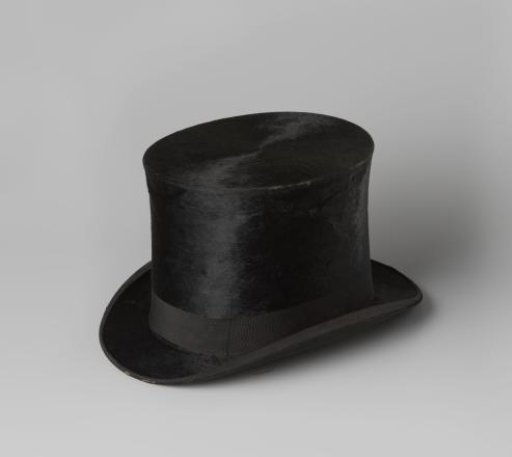 High hat of black silk trimmed with black grosgrain ribbon