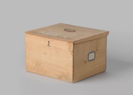 Box or chest with lid of wood, lined inside with white paper with blue floral motif