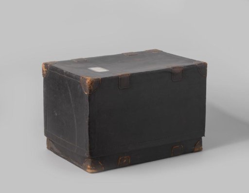 Box or Chest with Lid of Black Leather, Lined Inside with White Textile with Red Stripes