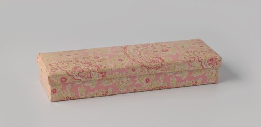 Rectangular glove box with hinged lid covered with cotton printed with a floral pattern on a pink ground
