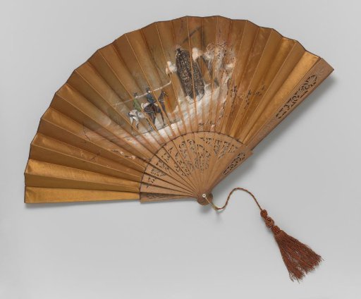 Fan with a mount of unvarnished carved wood, the ochre-colored textile leaf painted with a scene of two riders before a fence