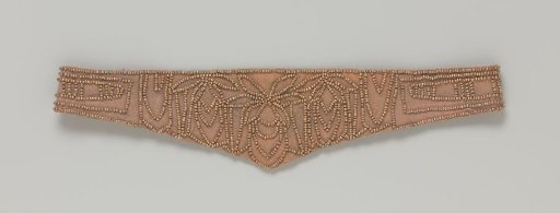 Headband of old-rose textile decorated with gold-colored beads