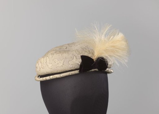 Hat of Grey and White Silver Thread and Black Satin Bow with Feathers