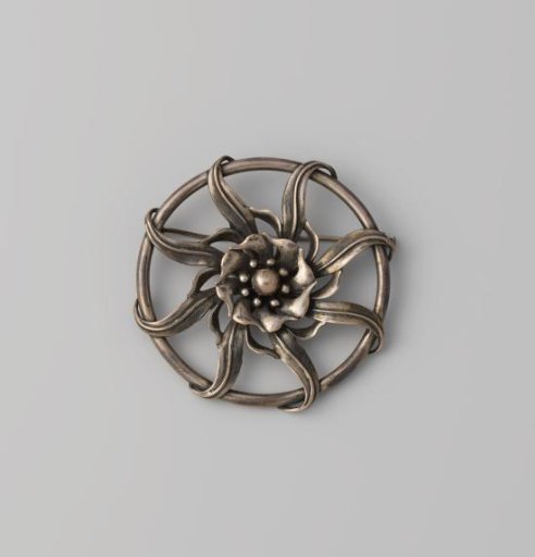 Round Silver Brooch with Flower