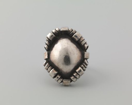 Silver Signet Ring with Smooth Convex Diamond-Shaped Knob in a Geometric Border