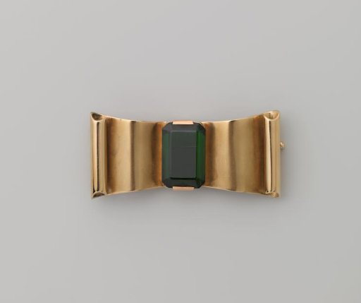 Gold Bow Brooch with Deep Green Synthetic Spinel