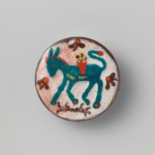 Round enamel brooch on copper with a donkey