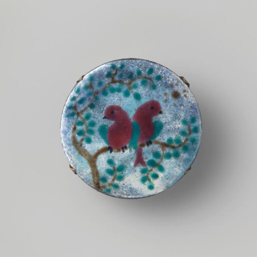 Round enamel brooch on copper with two birds on a branch