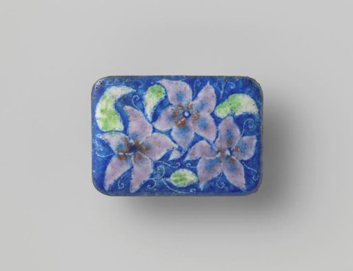 Rectangular enamel brooch on copper with three flowers