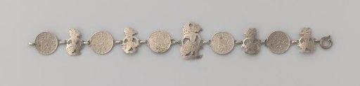 Silver bracelet with five ducats and five wayang puppets