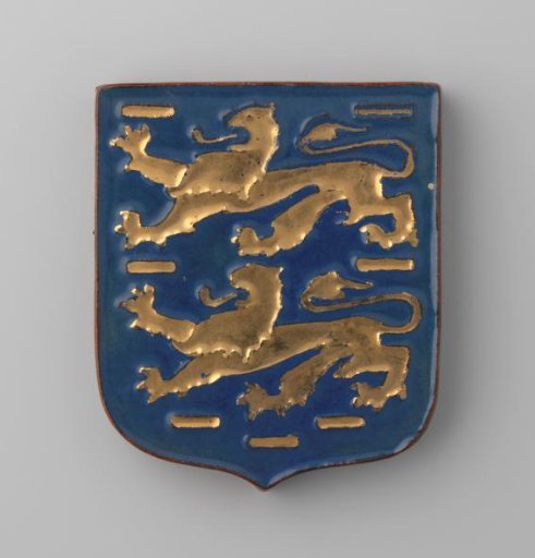 Tile with a coat of arms, two golden lions one above the other on a blue field