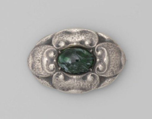 Oval Silver Brooch with Green Glass