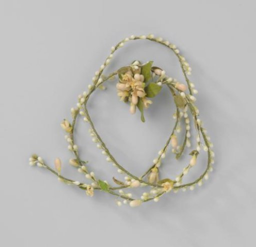 Bridal crown and matching corsage of orange blossom made of wax, cotton and paper
