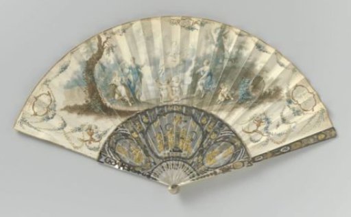 Folding Fan with a Paper Leaf Depicting the Judgment of Paris in Gouache, Surrounded by a Decorative Border, on a Mother-of-Pearl Mount with Openwork and Relief Carving, Decorated with 'Metal en Quatre Couleurs'