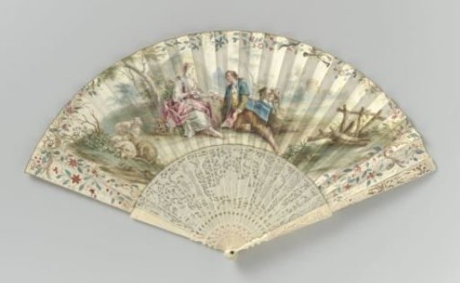 Folding Fan with a Paper Leaf Depicting a Pastoral Scene with Two Figures, a Dog, and Sheep on the Front and a Shepherdess on the Back, on an Ivory Mount with Openwork and Relief Carving, with Corresponding Fan Case