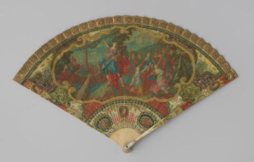 Fan of ivory painted with Vernis Martin, front with the abduction of Helena surrounded by chinoiserie, back with an arcadian harbor view surrounded by chinoiserie