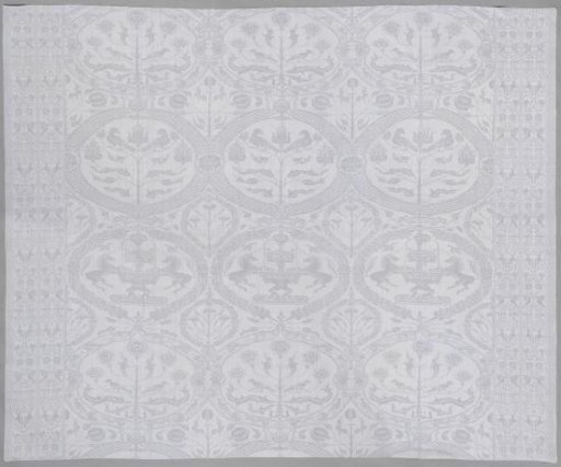Tablecloth with thistles, unicorns, and parrots