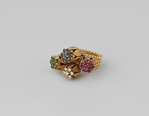 Gold cocktail ring with diamond, sapphire, ruby and emerald