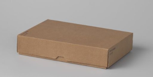 Rectangular box of cardboard with loose lid and grey foam rubber