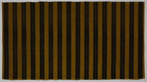 Fragment of printed trijp upholstery fabric with black bands featuring a chain pattern on an olive-green ground