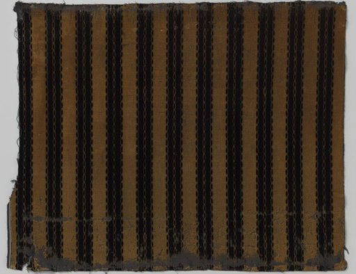 Fragment of printed calico upholstery fabric with black bands featuring a chain pattern on an olive-green ground