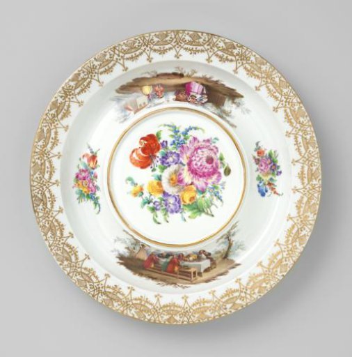 Saucer belonging to punch bowl with representation of William Hogarth's 'A Midnight Modern Conversation'
