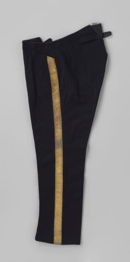 Long black trousers with gold braid stripes along the legs