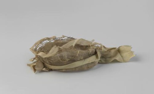 Hat of grey-green textile with ribbon