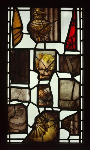 Pane with 16th and 17th-century glass fragments originating from the window of the Deathbed of the Virgin Mary in the Oude Kerk in Amsterdam