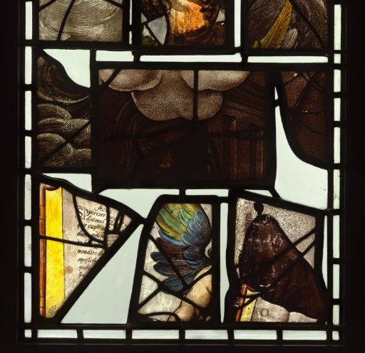 Pane with 16th and 17th-century glass fragments originating from the window of the Deathbed of the Virgin Mary in the Oude Kerk in Amsterdam