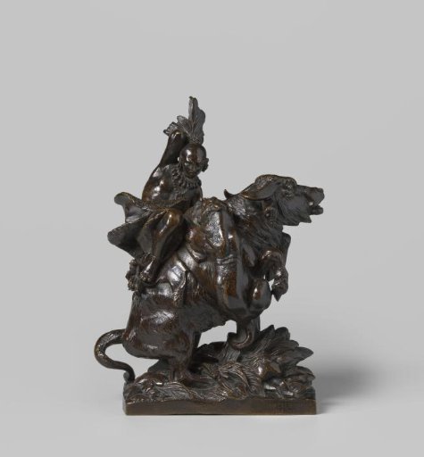 Indian on a rearing bison, attacked by a tiger
