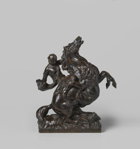 Indian on a rearing horse, attacked by a lion