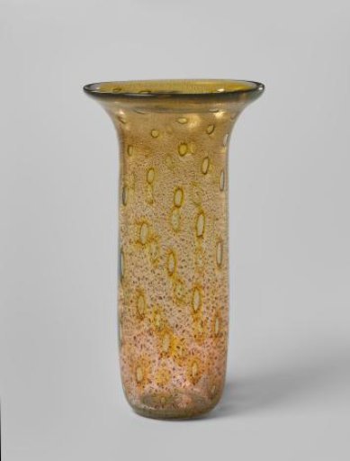 Vase with a pink-to-yellow color gradient featuring a craquelé and oval pattern