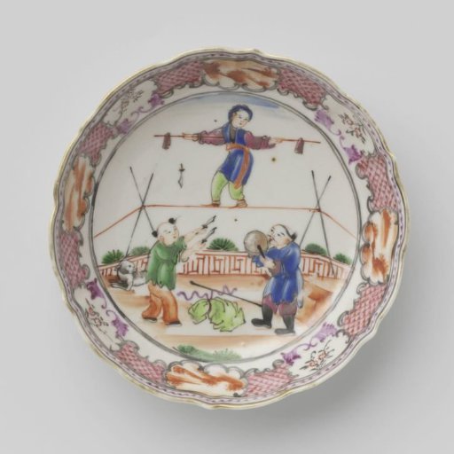Saucer with three Chinese acrobats and landscapes in panels