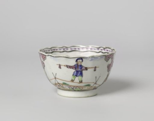 Cup with three Chinese acrobats and landscapes in panels
