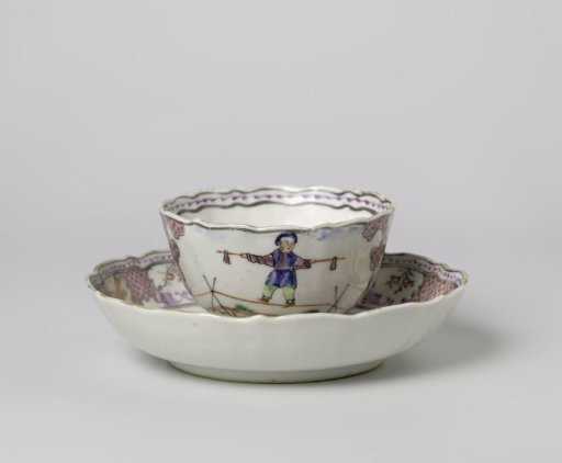 Cup and saucer with three Chinese acrobats and landscapes in panels