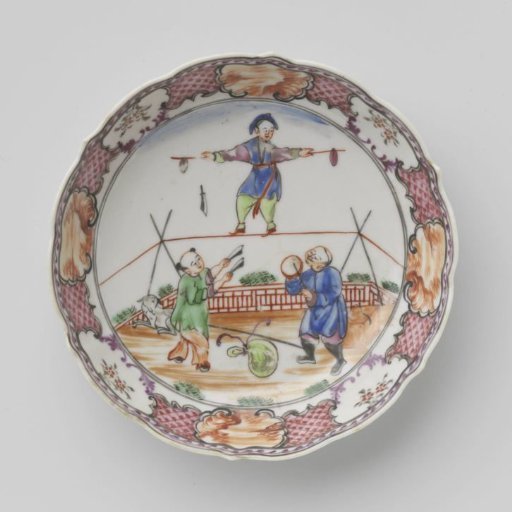 Saucer with three Chinese acrobats and landscapes in panels